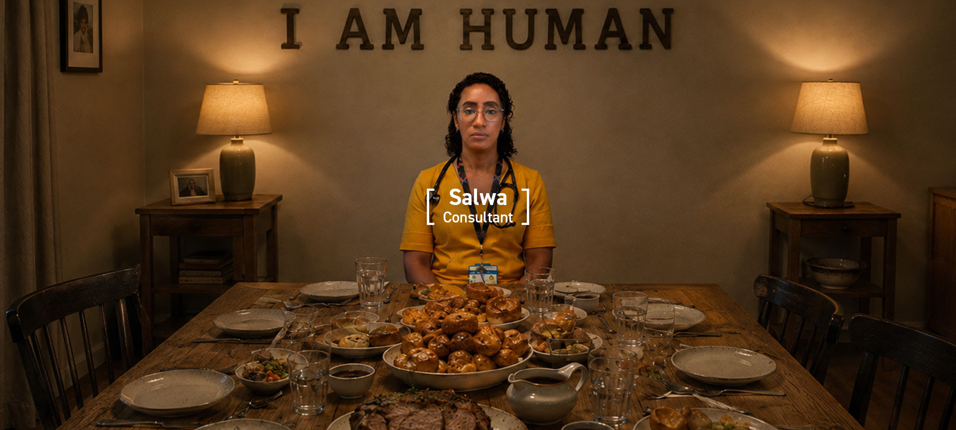 Salwa, a Stroke Consultant, sitting alone at a dinner table