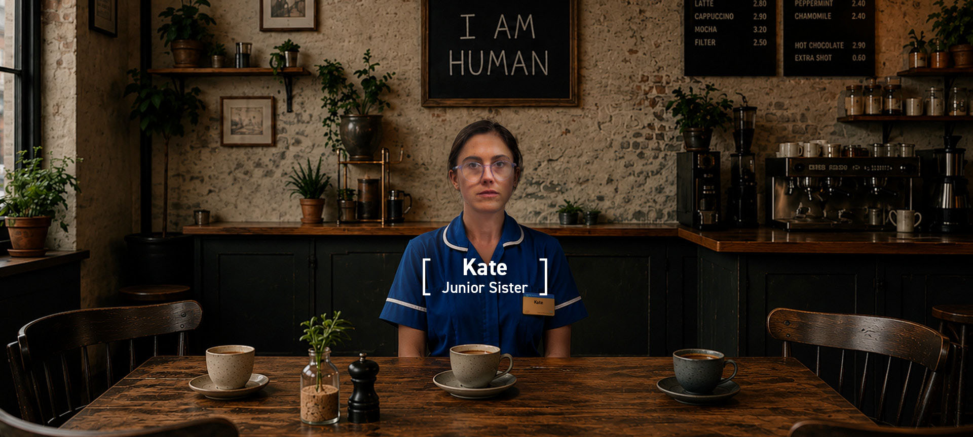 Kate, a Junior Sister, sitting alone in a café