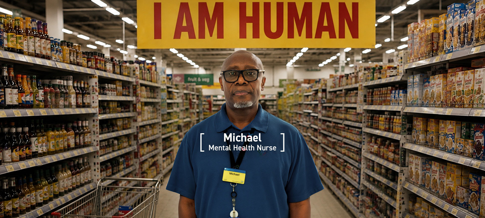 Michael, a Registered Mental Health Nurse, standing alone in a supermarket