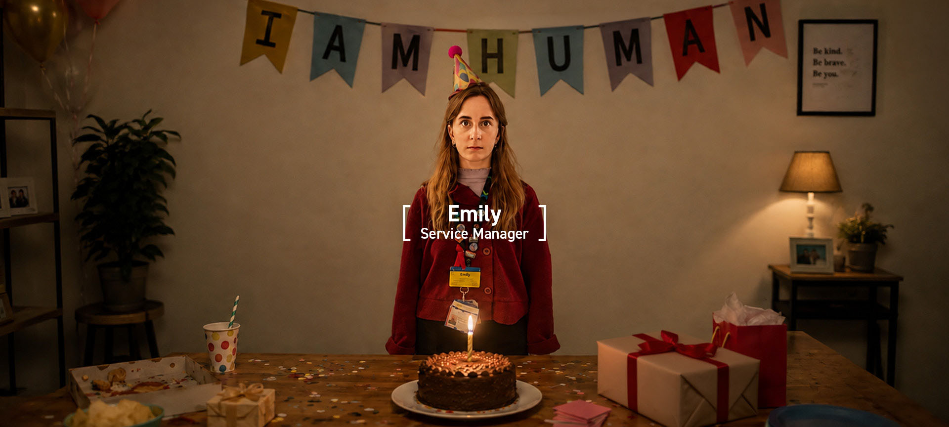 Emily, a Service Manager, standing alone at a birthday celebration