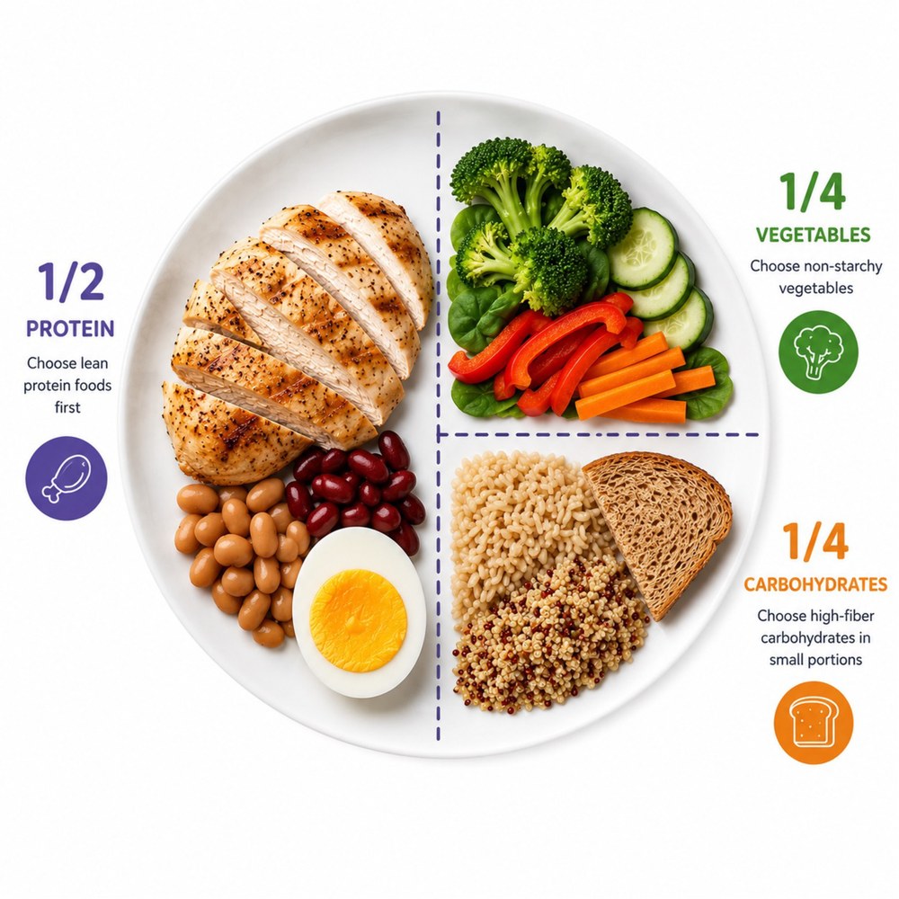 Plate model showing half the plate for protein, one quarter for non-starchy vegetables and one quarter for high-fibre carbohydrates.