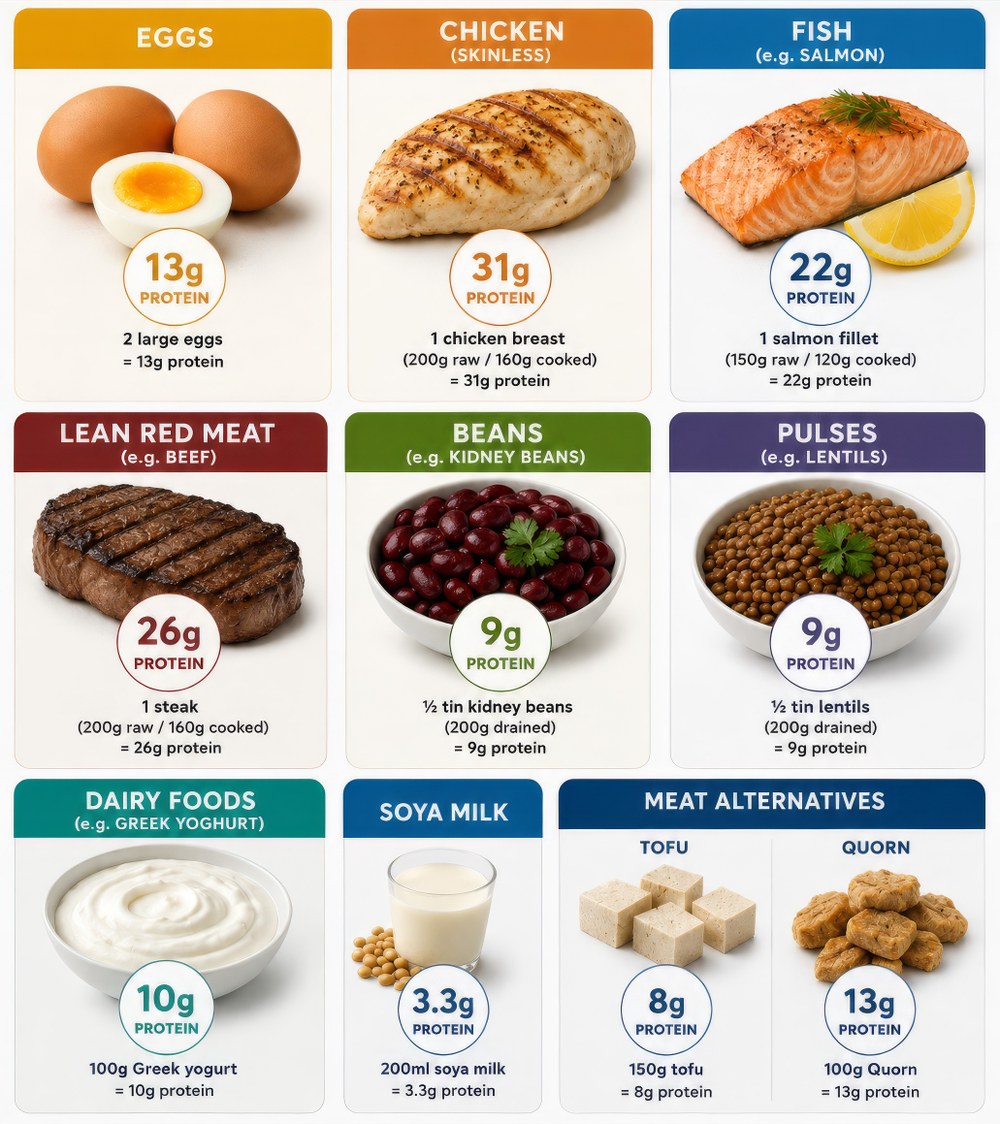 Examples of protein-rich foods including eggs, chicken, salmon, lean beef, beans, lentils, Greek yoghurt, soya milk, tofu and Quorn.